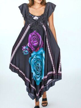 Womens Floral Sleeveless Scarf Dress Medium Lace Trim Hanky Hem Bold Colourful